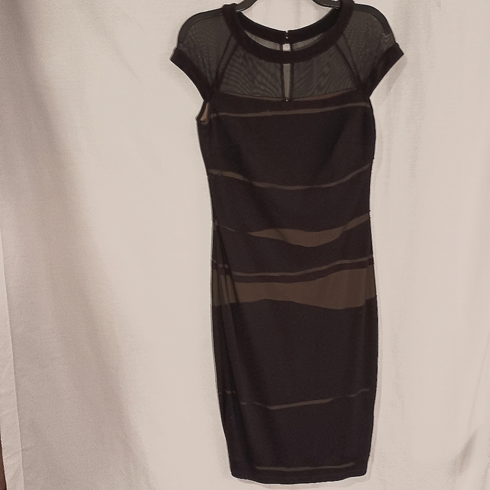 Frank Lyman Black Sheer Overlaying a Tan Lining Sheath Dress